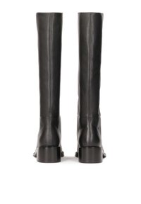 Black leather knee-high boots with a smooth texture, rectangular heel, and seam detailing along the back. Minimalist design.