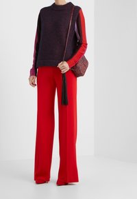 Maglione oversize di colore viola scuro con maniche multicolori; abbinato a pantaloni a gamba larga di un vivace rosso; tiene una borsa a tracolla con motivo.