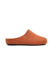 Orange felt slipper with a low, rounded back and slightly raised front. Features a textured surface and a black rubber sole.
