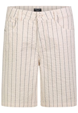 Beige Seersucker-Shorts mit vertikal dünnen schwarzen Streifen, vorne mit Knopf- und Reißverschluss, Gürtelschlaufen und Vordertaschen, Größe Medium.