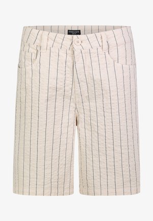 Beige Seersucker-Shorts mit vertikal dünnen schwarzen Streifen, vorne mit Knopf- und Reißverschluss, Gürtelschlaufen und Vordertaschen, Größe Medium.