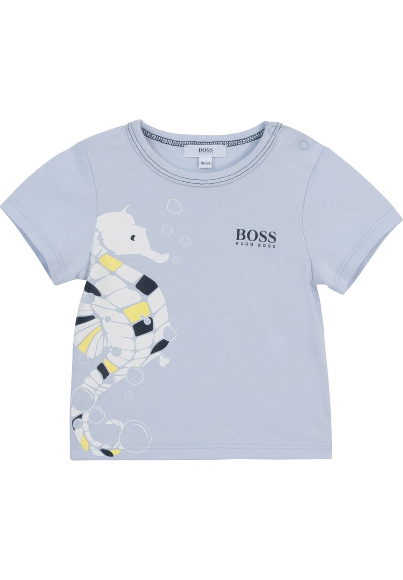 Světle modré tričko s krátkým rukávem vyrobené z bavlny, zdobené grafikou mořského koníka a bublin, s akcentními barvami žlutou a černou.