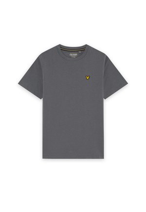 Mørkegrå T-shirt med korte ærmer og rund halsudskæring, med en lille gul fuglelogo på venstre bryst og en mærketags ved kraven.