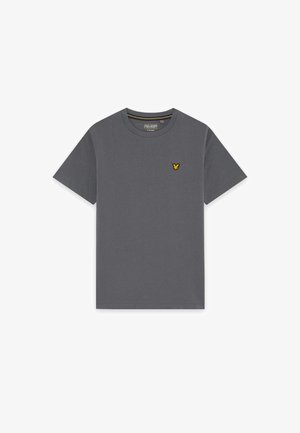 Mørkegrå T-shirt med korte ærmer og rund halsudskæring, med en lille gul fuglelogo på venstre bryst og en mærketags ved kraven.