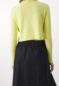 Jasnozielony, dziergany, krótki sweter z długimi rękawami, z prążkowanymi mankietami i dolnym brzegiem. Zestawiony z czarną, elastyczną w talii, zwiewną spódnicą.