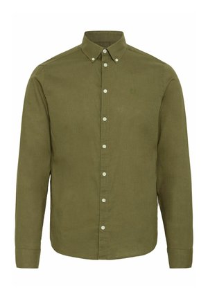 Camicia verde oliva a maniche lunghe con colletto button-down, patta frontale e bottoni bianchi. Presenta un tessuto leggermente texturizzato e dettagli di ricamo.