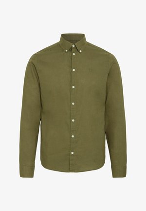 Olijfgroene lange mouw shirt met een button-down kraag, voorpaneel en witte knopen. Bevat een subtiele textuur in de stof en borduurdetails.