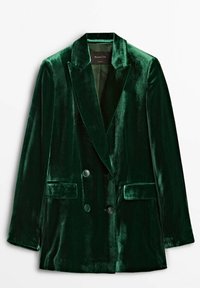 Grön sammet blazer med snedställd krage, dubbelsidig framsidan, två påsydda fickor och slät textur. Fodrad insida.