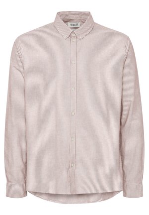 Gestreifte Baumwollbluse in Hellrosa und Weiß. Aus leichtem Stoff mit klassischem Kragen und taillierten langen Ärmeln.