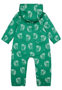 Grüner Einteiler mit einem weißen Waschbärdruck, mit Kapuze, langen Ärmeln und elastischen Bündchen.