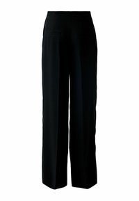 Pantalons larges noirs avec une taille haute, dotés de poches avant et d'un tissu lisse et texturé.