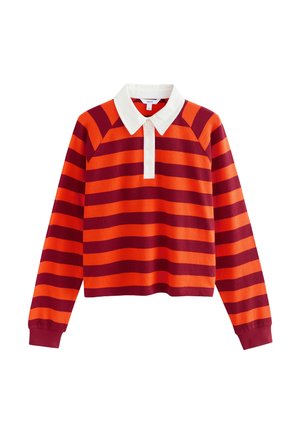 Rød og orange stribet langærmet polo med hvid krave og tre knapper samt ribbede manchetter. Blødt stof med en afslappet pasform.