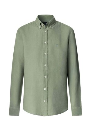 Olivgrünes Hemd mit langen Ärmeln, Knopfleiste, Button-Down-Kragen und kleinem gesticktem Logo auf der linken Brust.