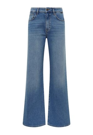 Light blue wide-leg jeans made from denim. Features a high waist, five pockets, and contrast stitching. Hem is unfinished for a relaxed look.