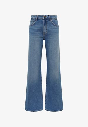 Light blue wide-leg jeans made from denim. Features a high waist, five pockets, and contrast stitching. Hem is unfinished for a relaxed look.