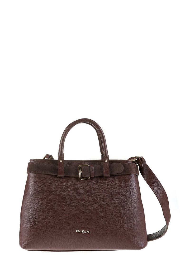 Sac à main en cuir texturé marron foncé avec des poignées arrondies, une sangle à boucle ajustable et une sangle d'épaule amovible sur un fond blanc.