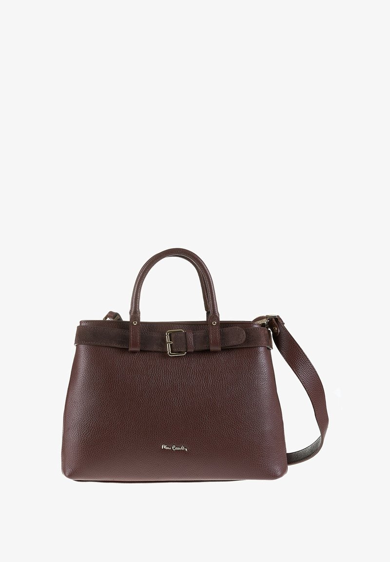 Sac à main en cuir texturé marron foncé avec des poignées arrondies, une sangle à boucle ajustable et une sangle d'épaule amovible sur un fond blanc.