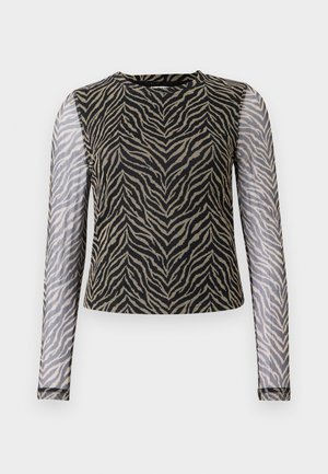 Long-sleeve top featuring a black and beige zebra print on the body, with semi-sheer mesh sleeves and a round neckline.