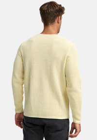 Maglione a maniche lunghe di un giallo chiaro, in maglia, con un motivo a cialda testurizzato e polsini a coste, visto da dietro.