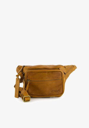 Braune Leder-Gürteltasche mit mehreren Reißverschlusstaschen, ausgestattet mit einer strukturierten Oberfläche und einem verstellbaren Riemen mit einem Metallverschluss.