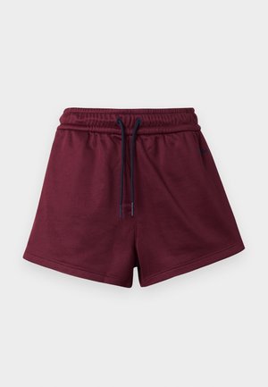 Calções desportivos bordô feitos de tecido macio, com cintura elástica, cordão azul-marinho e costuras laterais para maior conforto.