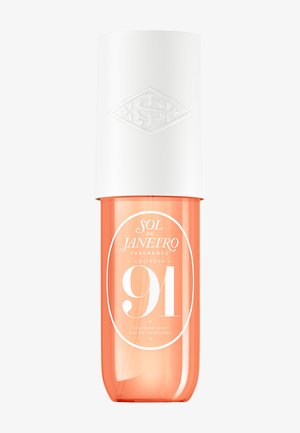 Botella de plástico naranja con tapa blanca y logotipo en relieve. En el frente se lee "SOL DE JANEIRO" y "CHEIROSA 91" en texto blanco.