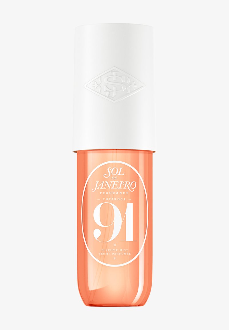 Botella de plástico naranja con tapa blanca y logotipo en relieve. En el frente se lee "SOL DE JANEIRO" y "CHEIROSA 91" en texto blanco.