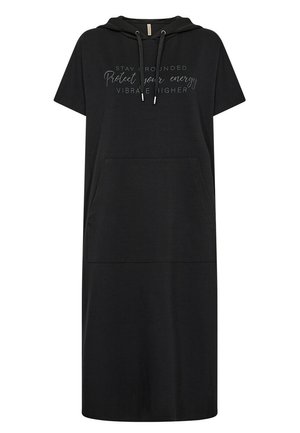 Black hooded dress made of soft fabric, featuring short sleeves, front pocket, and text design. Loose fit, knee-length silhouette.