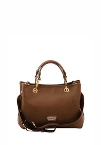 Borsa marrone realizzata in materiale sintetico liscio, dotata di dettagli in metallo color oro, doppi manici e tracolla removibile. Logo Looney Tunes in evidenza.