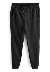 Svarta sweatpants med elastisk midja, snörning, sidofickor och avsmalnande ben. Tillverkade av mjukt, smidigt tyg för komfort.