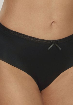 Zwarte bikinischuim met een gladdig materiaal, met een delicate kantafwerking aan de tailleband en een klein satijnen strikje aan de voorkant.