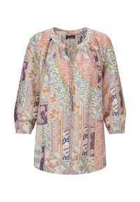 Bluse mit Blumenmuster in Pastellfarben, runder Ausschnitt, lange Puffärmel und Knopfleiste auf der Vorderseite.