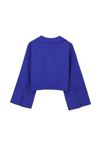 Giacca blu tagliata con maniche lunghe, colletto e fessure laterali. Finitura in tessuto morbido, design semplice e colore uniforme.