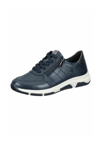 Navy leather sneakers with textured panels, lace-up front, side zipper, and white sole featuring a rubber grip. Casual design for everyday wear.
