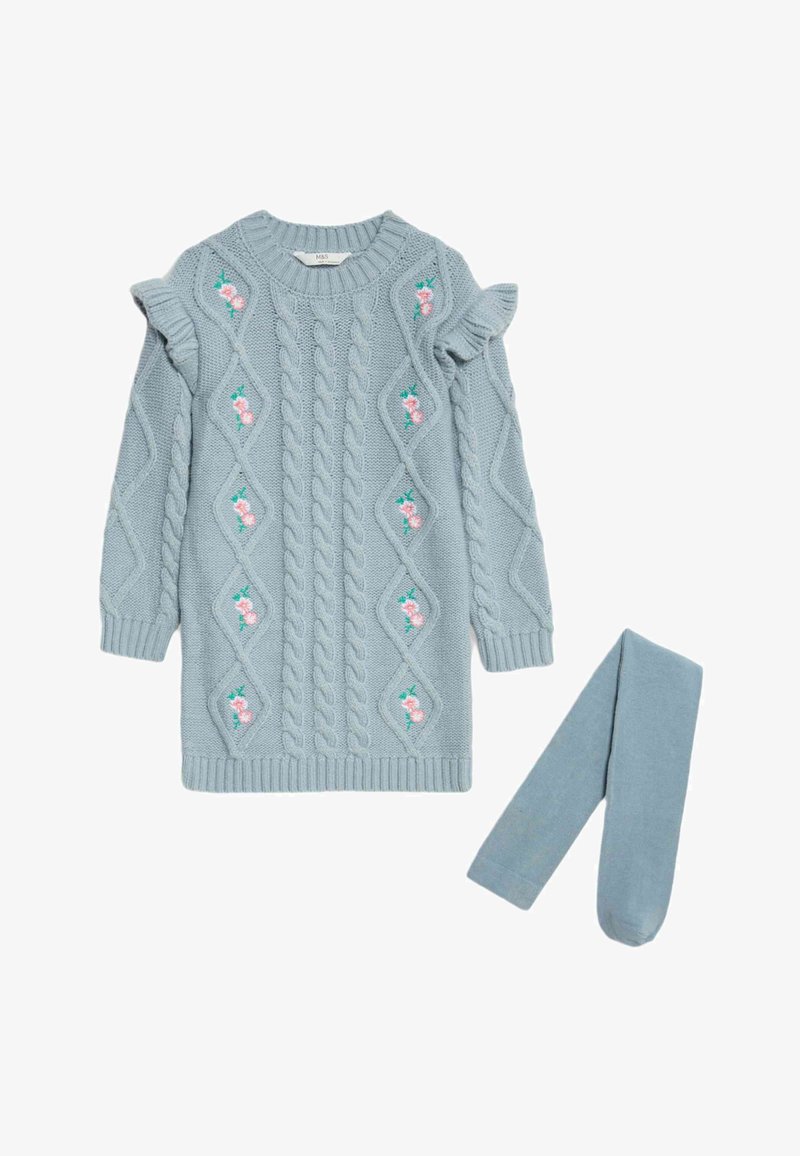 Abito lavorato a maglia azzurro con motivi a treccia, maniche a sbuffo e ricami floreali; include collant blu abbinati.