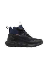 Schwarze und marineblaue Wanderschuhe mit hohem Schaft, strukturiertem Stoff, Schnürdesign und verstärkten synthetischen Akzenten. Leichte Sohle für besseren Halt.