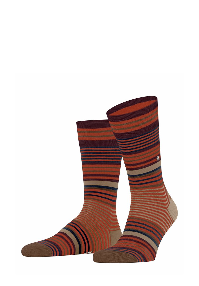 Calze a righe con colori vivaci come arancione, marrone e blu navy, realizzate in tessuto a maglia con motivi orizzontali a contrasto e una consistenza liscia.