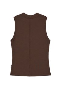 Top sans manches marron avec un motif texturé en gaufre. Présente un col rond et une coupe droite à l'ourlet. La vue arrière met en avant la simplicité.