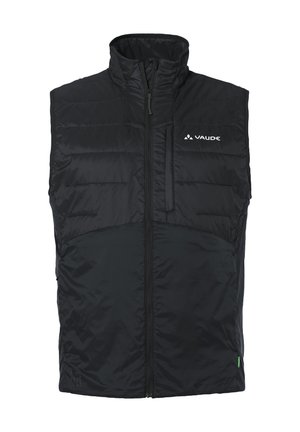 Schwarweste mit hoher Kragen, Frontreißverschluss und Vaude-Logo. Glatte Textur mit horizontalen Nähten und einem kontrastierenden grünen Akzent.