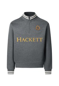 Grijze sweatshirt met een ritskraag, voorzien van een wit en zwart gestreept patroon, gouden "HACKETT" tekst en een geborduurd logo op de borst.