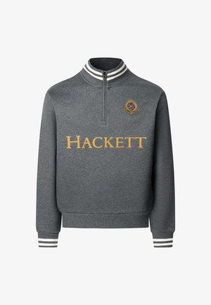 Szary sweter z zamkiem błyskawicznym przy kołnierzu, z białym i czarnym wzorem w paski, złotym napisem "HACKETT" i haftowanym logo na piersi.