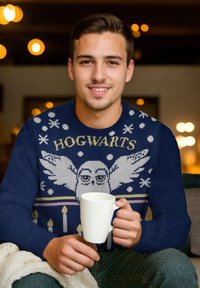 Maglione a maglia blu navy con design di gufo, fiocchi di neve e testo "HOGWARTS". Il modello tiene una tazza bianca, seduto con una coperta di tessuto nelle vicinanze.