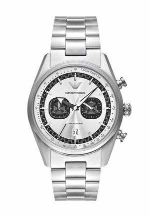 Sølv Emporio Armani kronograf ur med tachymeter, datovisning, to sorte subskiver og metalledsarmbånd.