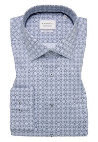 Camicia blu con motivo, dal taglio comodo, con colletto a punta e polsini con bottoni. Il tessuto presenta un design testurizzato con motivi circolari.