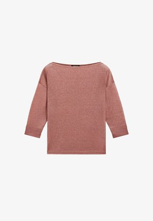 Dusty pink long-sleeve knit top with boat neckline and ribbed cuffs, displayed flat on white background.