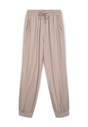 Pantaloni jogger leggeri beige con vita elasticizzata, coulisse, tasche laterali e polsini elastici, caratterizzati da una texture liscia e una vestibilità ampia.