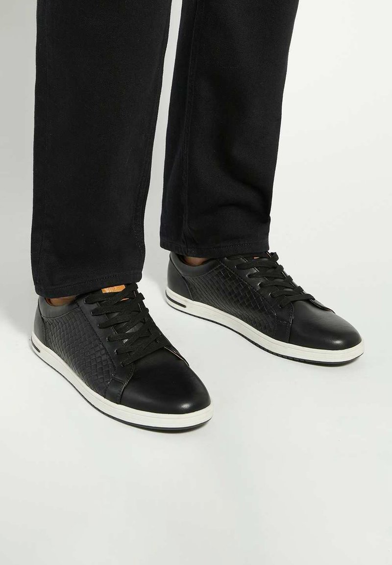 Black leather sneakers with textured sides, round toes, white rubber soles, and black laces. Detail includes a woven pattern on the sides.