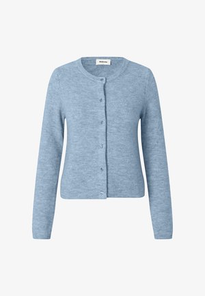 Helelehena sinine kardigan, valmistatud pehmest kangast, millel on ümmargune kaelus, pikad varrukad ja ees nööpidega sulgur.