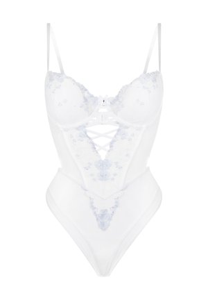 Witte kanten body met bloemrijke borduursels, beugelcups, verstelbare bandjes en een gekruiste lintdetail aan de voorkant in het midden.