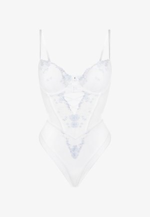 Weißer Spitzen-Body mit floraler Stickerei, Bügelcups, verstellbaren Trägern und gekreuztem Banddetail in der vorderen Mitte.